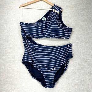 J.Crew‎ Cut Out One Piece Swimsuit Womens 24 Blue Striped Full Coverage Buttons